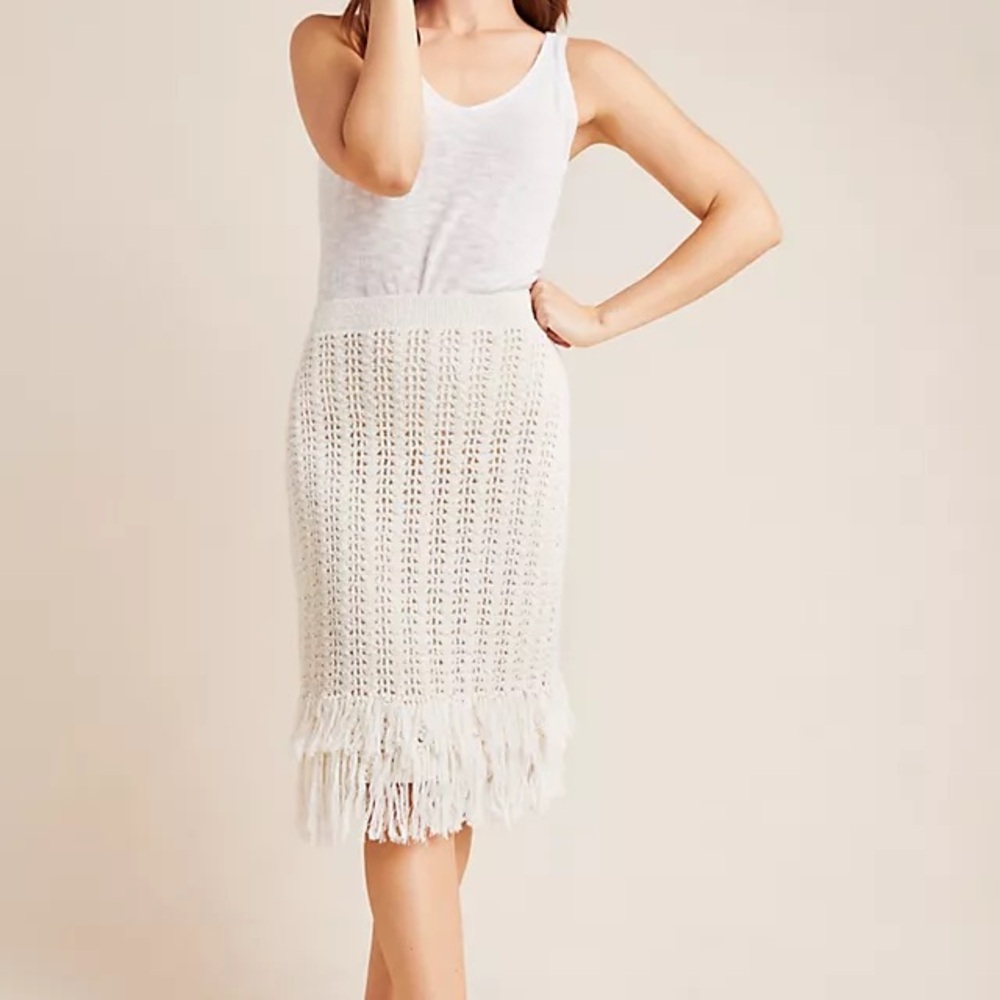 Maeve Anthropologie Elegant Crochet White Cream Fringe Skirt size small